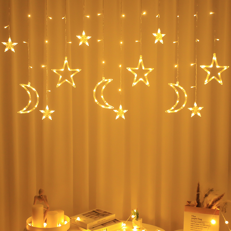 Cortina de Luzes em Forma de Lua e Estrela LED AC220V Guirlandas de Natal Iluminação de Fadas em Branco Quente para Casamento Decoração de Férias Jardim