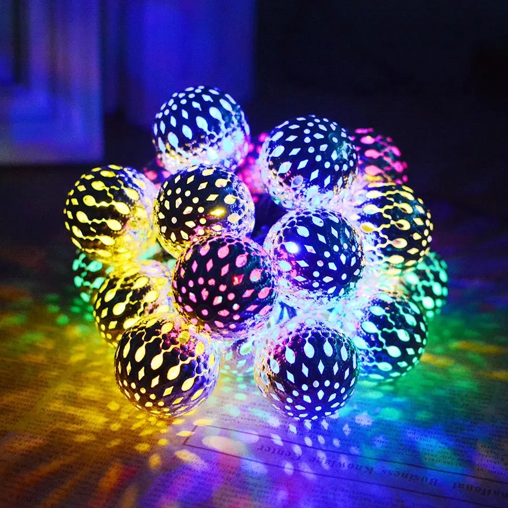 Luzes de Natal em forma de bola marroquina com LED, case de bateria, decoração romântica em ferro forjado