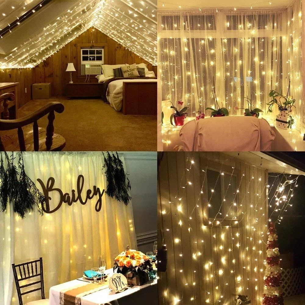 300 LED 3X3m, 8 Modos, Carregamento USB Luzes de Cortina em Cordão de Fadas com Bateria