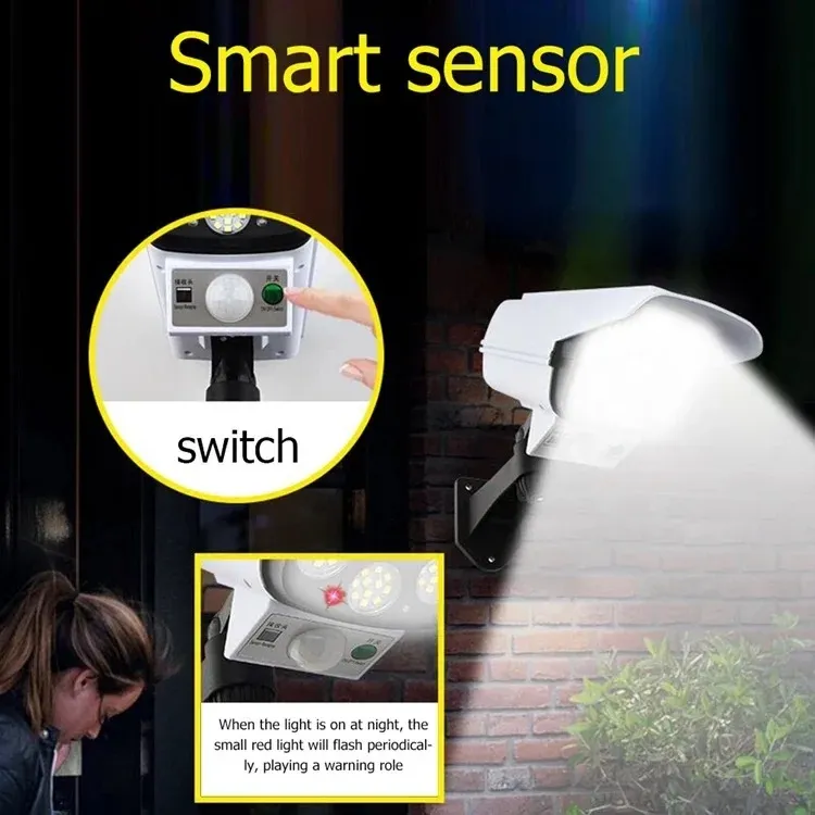 Novo IP65 À Prova D'Água 77 Câmera de Segurança Falsa com Sensor de LED Luz Solar de Movimento Lâmpada de Jardim Solar ao Ar Livre Holofote de Rua