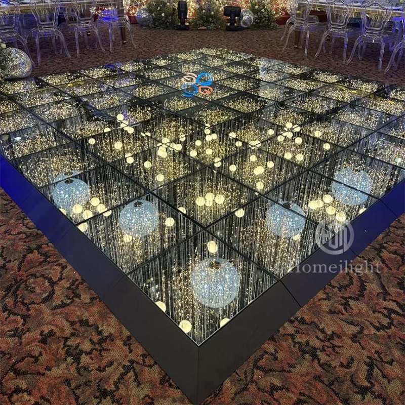 Piso de Dança de Espelho Dourado 3D Piso de Dança de Fada LED para Evento de Casamento