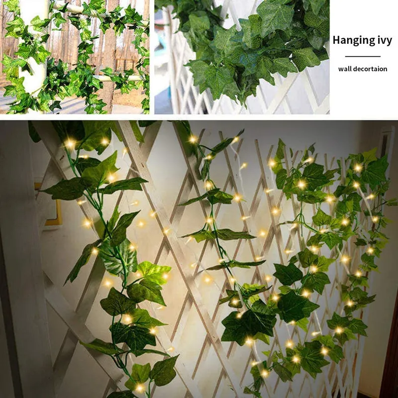 Luzes de Fada de Fio de Cobre com Folhas de Hera Verde Artificial Alimentadas por Bateria Solar para Decoração de Jardim, Pátio, Casamento e Natal