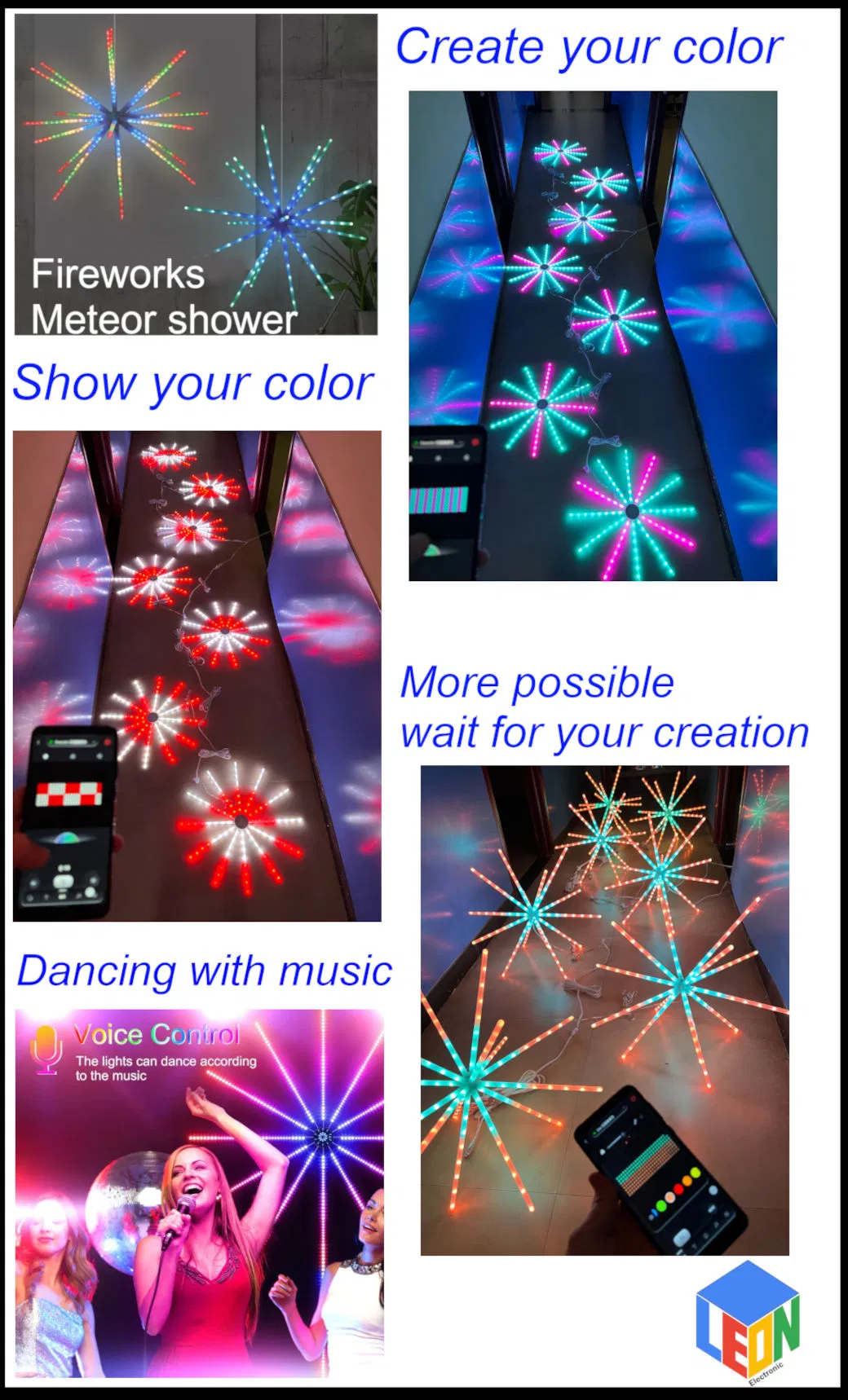 Controle de Som de Música por APP Bluetooth e Remoto, Luzes de Cordão de Estrela Cadente Meteor Shower DIY para o Festival de Natal, Fogo de Artifício, Guirlanda de Fadas para Exterior, Luzes Piscantes