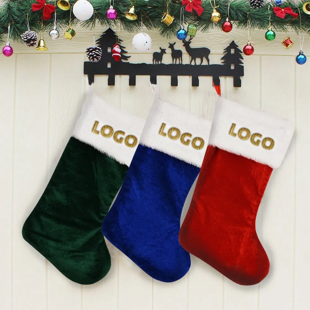 Meias de Natal OEM Atacado Brilhantes de Veludo Grosso Ornamentos de Papai Noel Produtos de Decoração para Escada