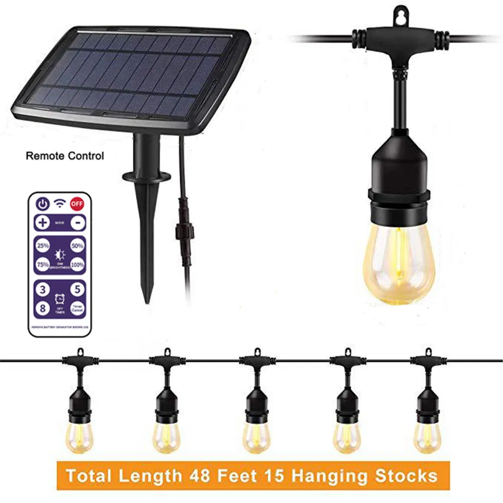Luzes de Cordão Externas à Prova d'Água e Alimentadas por Energia Solar - 48 FT Lâmpadas Vintage Edison Criam Ambiente de Bistrô no Seu Pátio de Grau Comercial, à Prova de Quebra