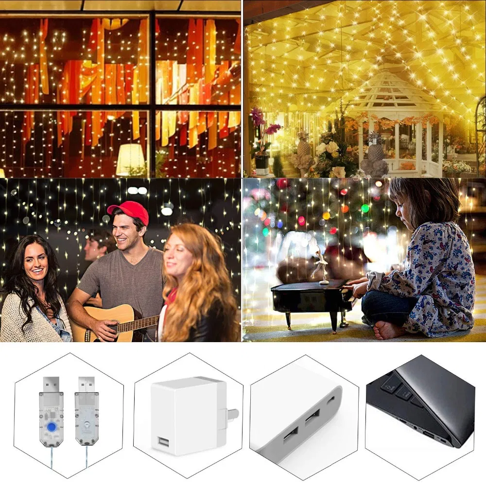 300 LED 3X3m, 8 Modos, Carregamento USB Luzes de Cortina em Cordão de Fadas com Bateria