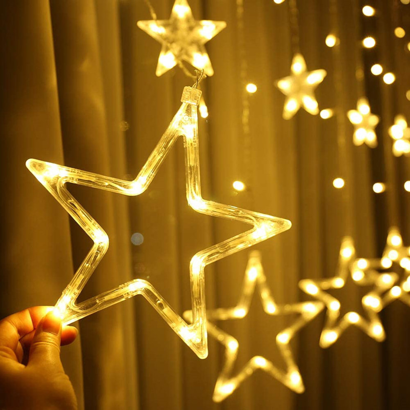 Cortina de Luzes em Forma de Lua e Estrela LED AC220V Guirlandas de Natal Iluminação de Fadas em Branco Quente para Casamento Decoração de Férias Jardim