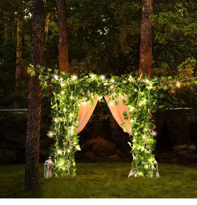 Luzes de Fada de Fio de Cobre com Folhas de Hera Verde Artificial Alimentadas por Bateria Solar para Decoração de Jardim, Pátio, Casamento e Natal