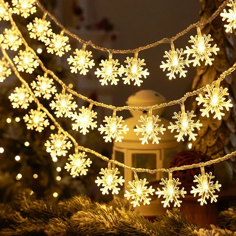 Cortina de Luzes de Natal com Guirlandas Internas, Fita de Luzes de Fada, Alimentada por Bateria, LED Branco Quente, Lâmpada de Floco de Neve