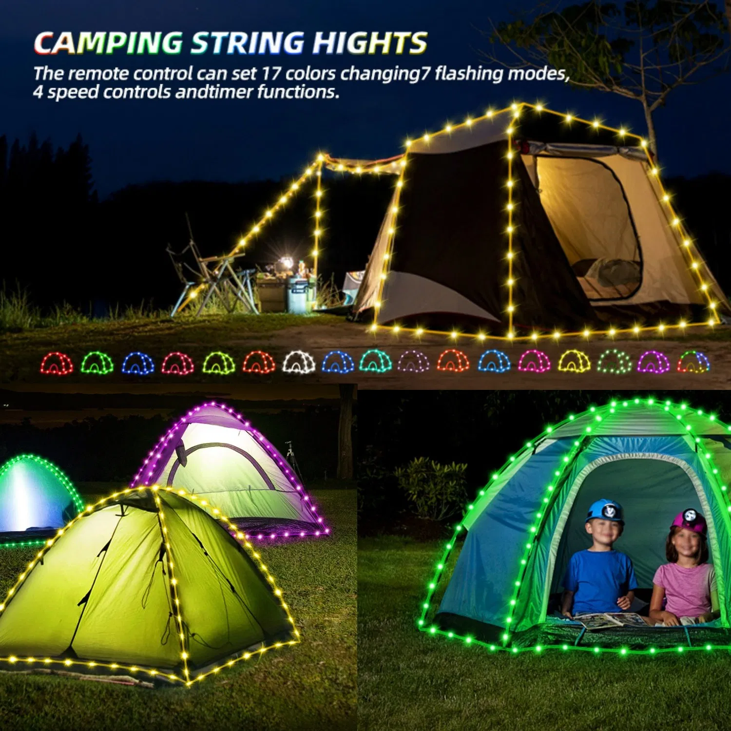 Luzes de Cordão para Barraca de Camping, Alimentadas por Bateria com Controle Remoto