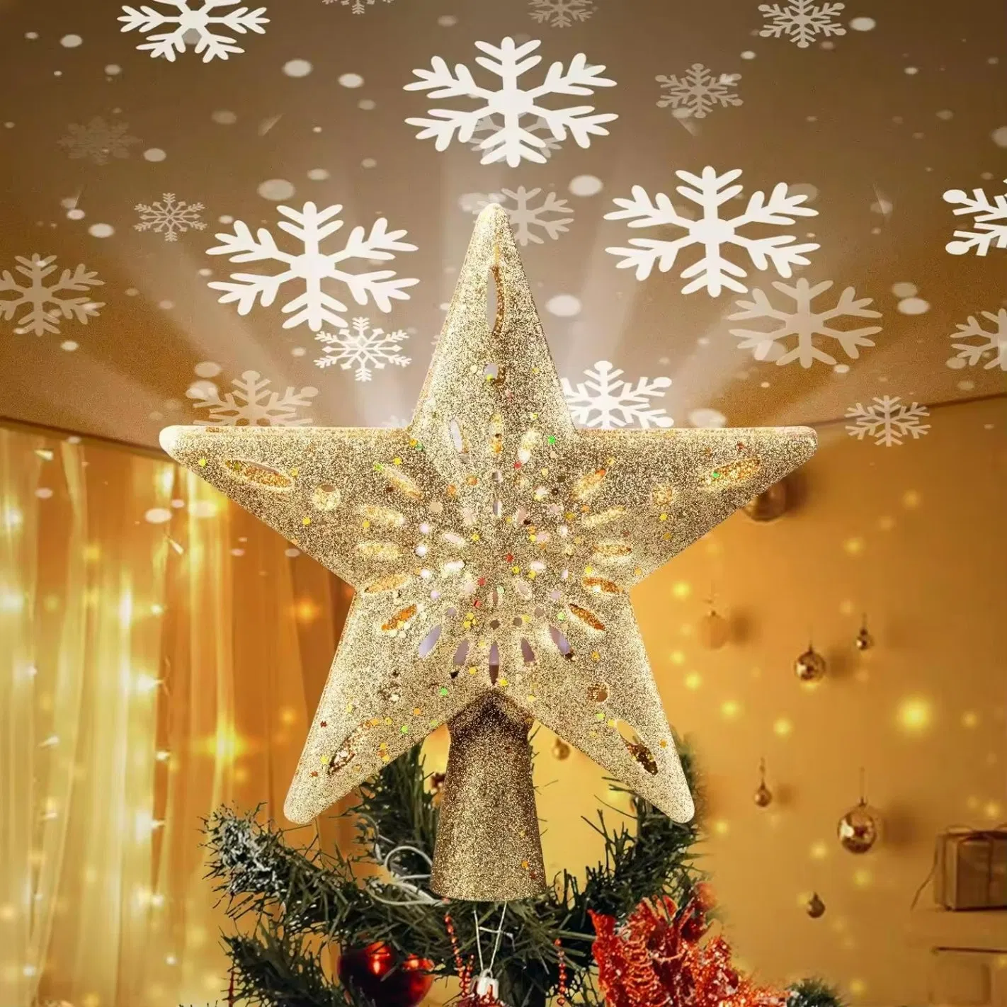 3D Estrela Prateada Oca para o Topo da Árvore de Natal 6 Luzes Projetoras LED de Floco de Neve Rotativas em Modos de Projeção