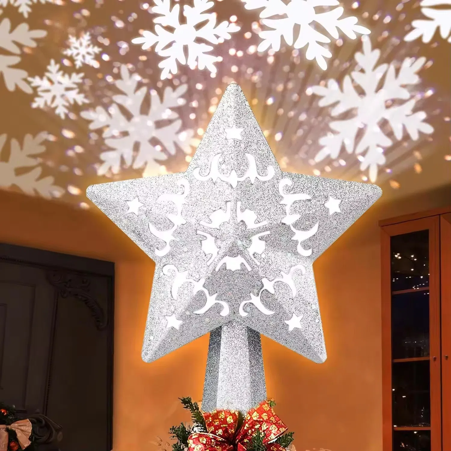3D Estrela Prateada Oca para o Topo da Árvore de Natal 6 Luzes Projetoras LED de Floco de Neve Rotativas em Modos de Projeção