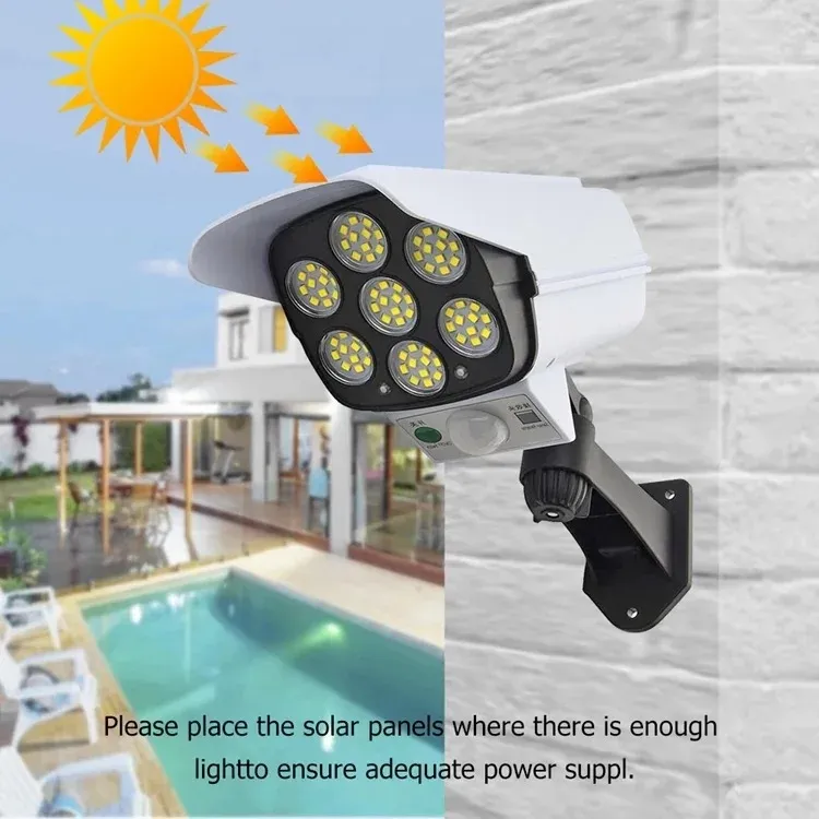 Novo IP65 À Prova D'Água 77 Câmera de Segurança Falsa com Sensor de LED Luz Solar de Movimento Lâmpada de Jardim Solar ao Ar Livre Holofote de Rua