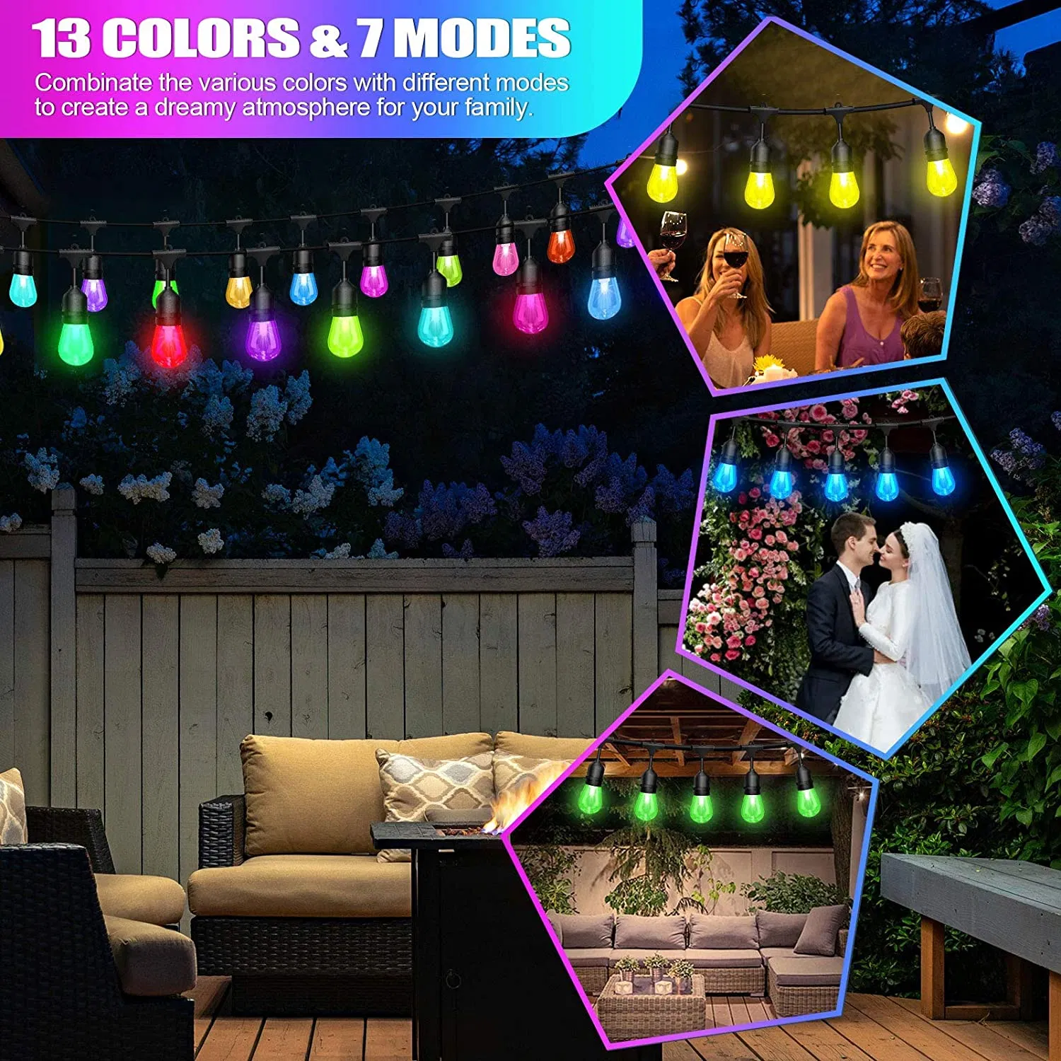 Lâmpadas LED Filamento RGBW S14 com Controle Remoto, Mudança de Cor com Música, Estilo Edison, Luzes de Cordão para Jardim, Festa, Feriado, Natal, com CE, RoHS, ETL