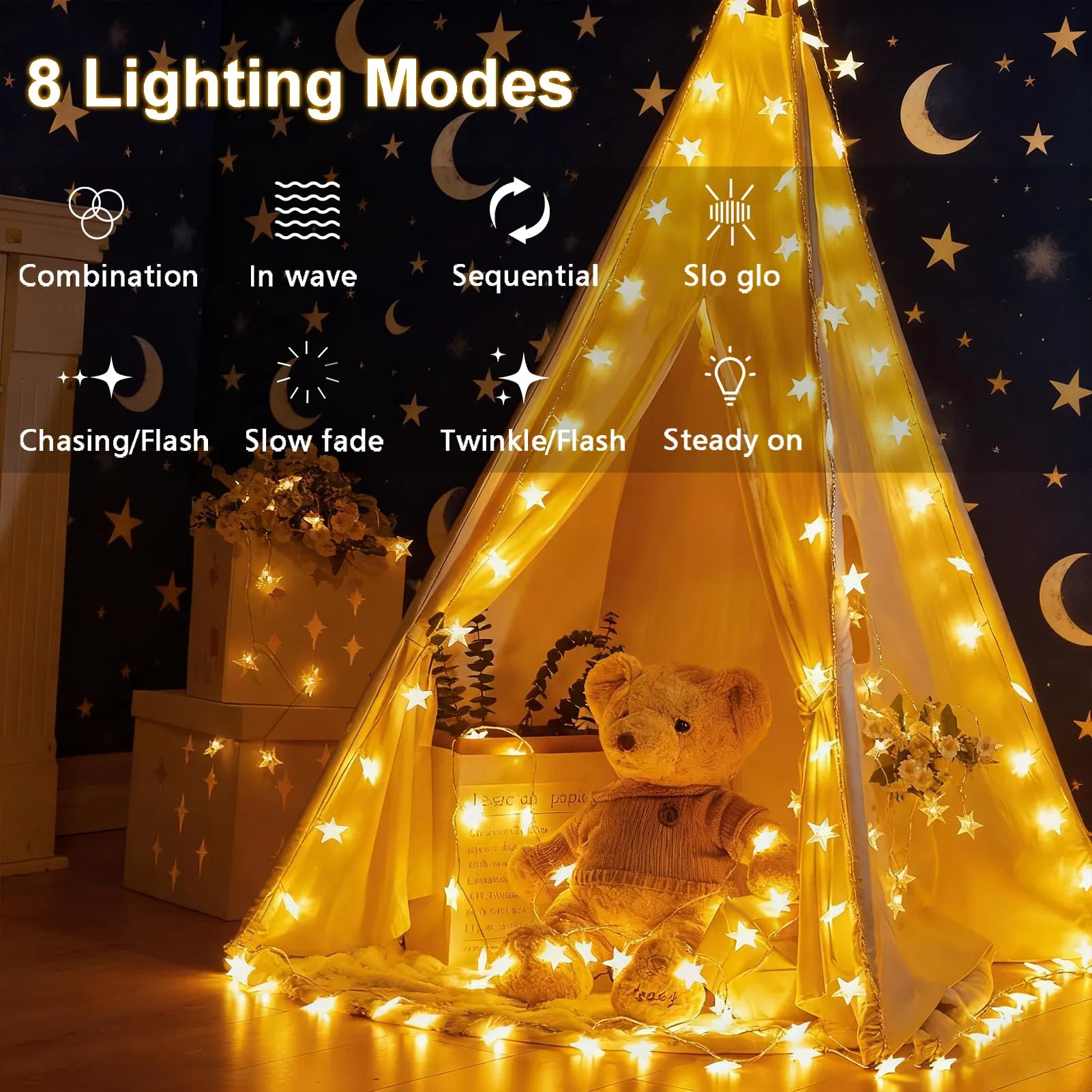 Luzes de Cordão Estrelas Brancas Quentes com Bateria 158in, 8 Modos Temporizador Automático para Decoração de Quarto Jardim Casamento