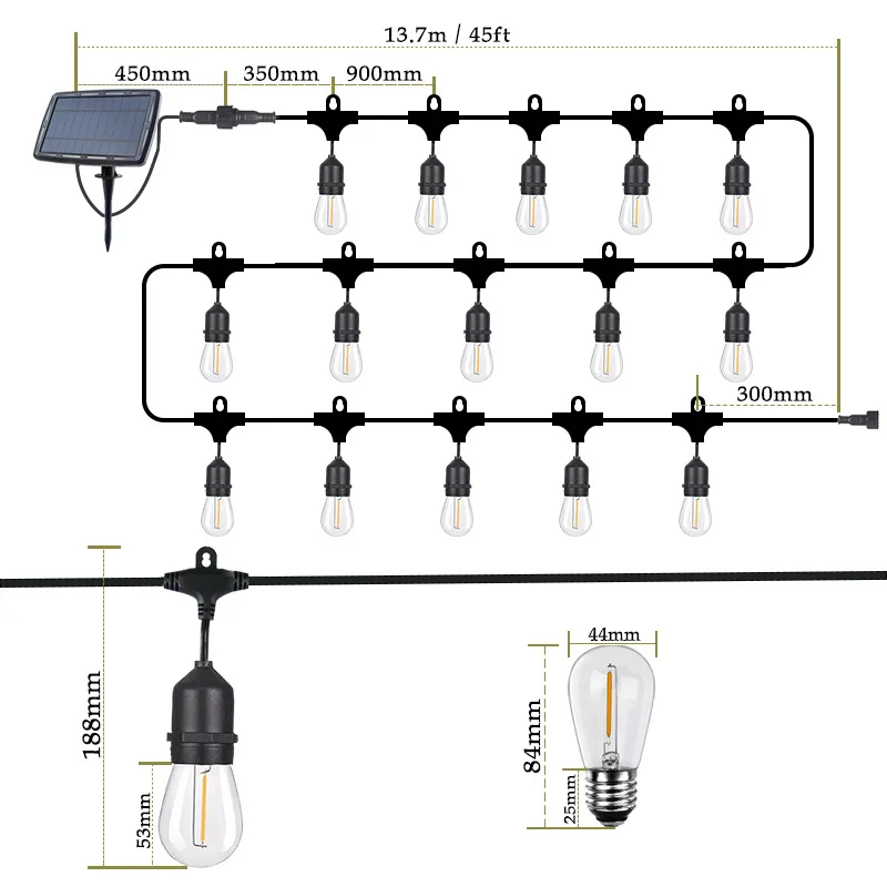 Luzes de Cordão LED ao Ar Livre à Prova d'Água Branco Quente IP65 - Pendurar Lâmpadas Vintage Edison