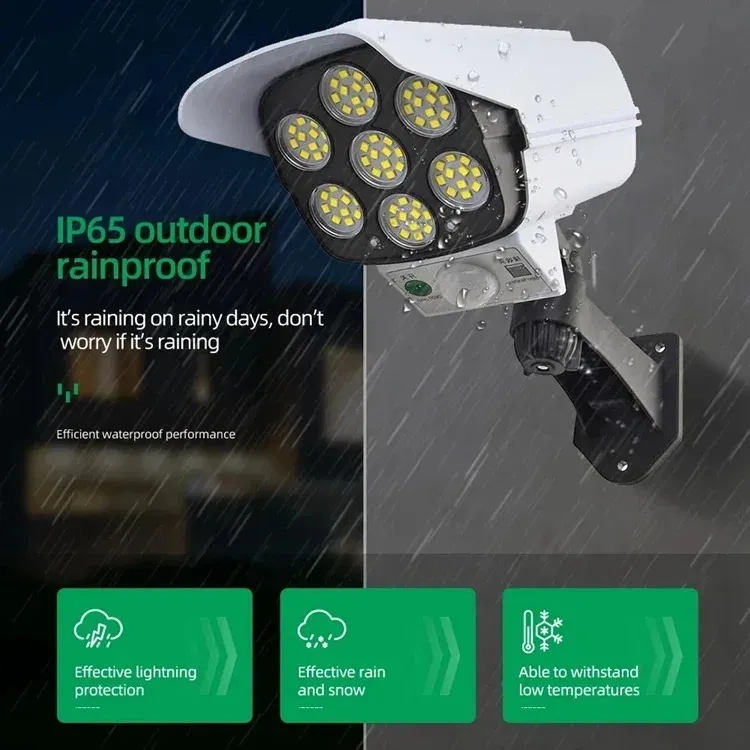 Novo IP65 À Prova D'Água 77 Câmera de Segurança Falsa com Sensor de LED Luz Solar de Movimento Lâmpada de Jardim Solar ao Ar Livre Holofote de Rua