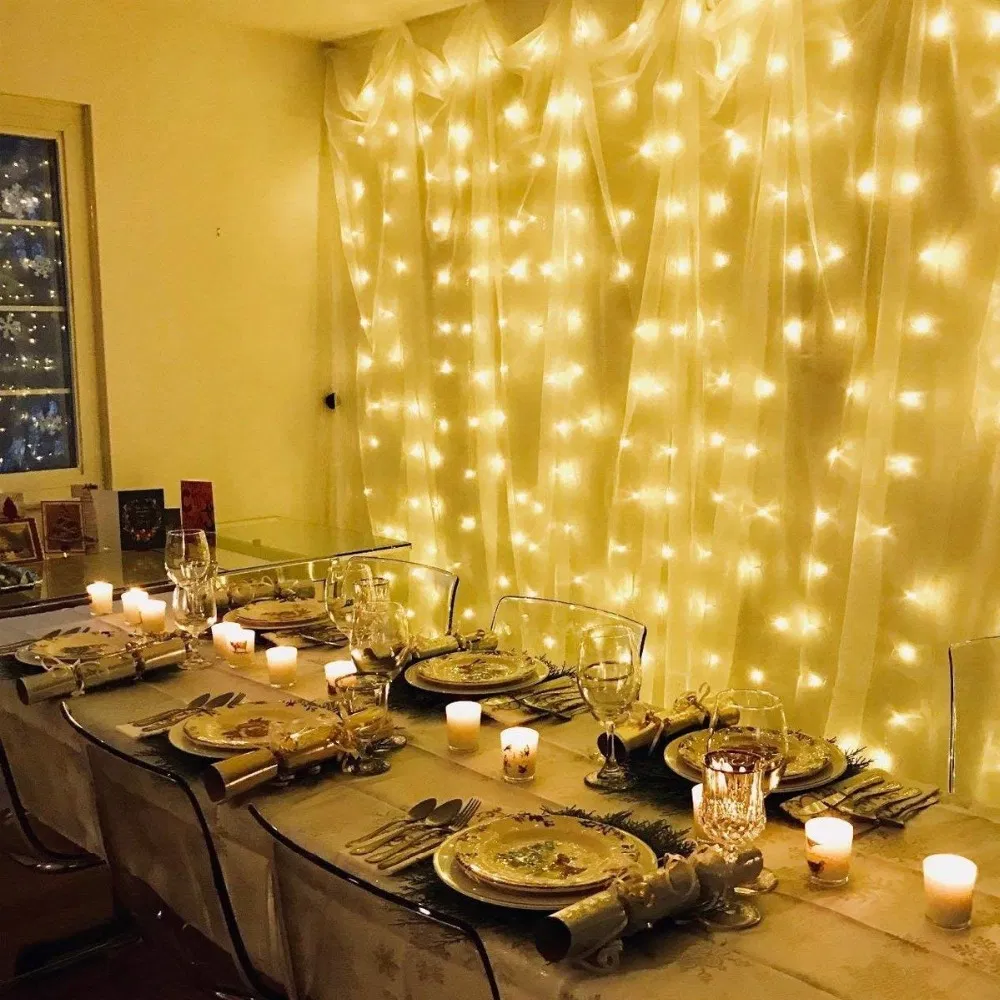 300 LED 3X3m, 8 Modos, Carregamento USB Luzes de Cortina em Cordão de Fadas com Bateria