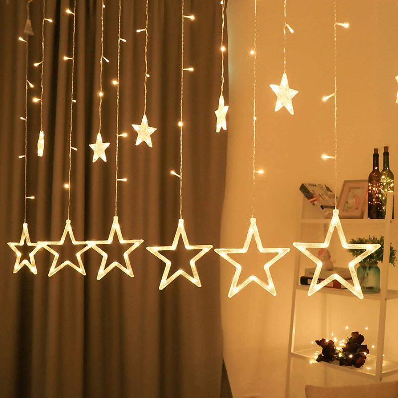 Cortina de Luzes em Forma de Lua e Estrela LED AC220V Guirlandas de Natal Iluminação de Fadas em Branco Quente para Casamento Decoração de Férias Jardim