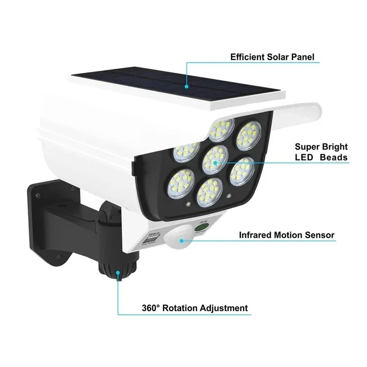 Novo IP65 À Prova D'Água 77 Câmera de Segurança Falsa com Sensor de LED Luz Solar de Movimento Lâmpada de Jardim Solar ao Ar Livre Holofote de Rua