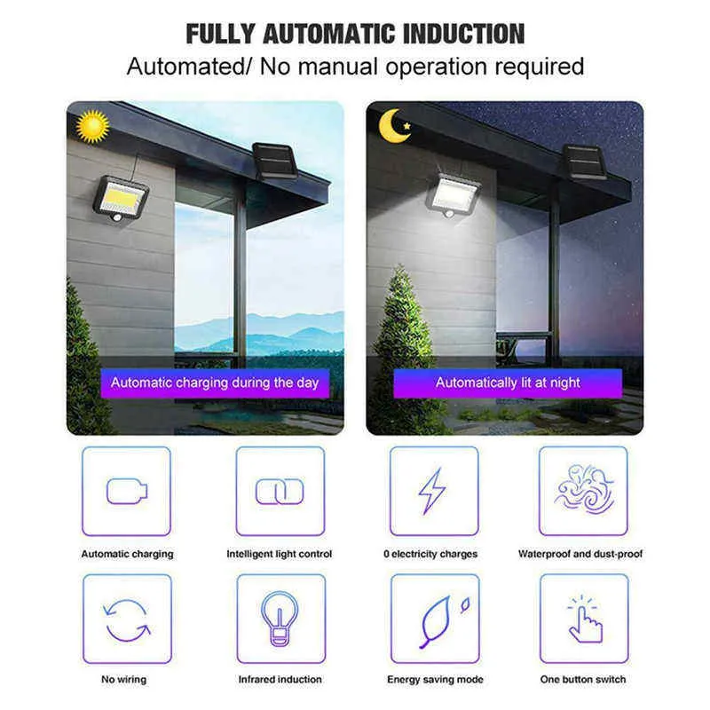Iluminação Solar com Sensor de Movimento LED COB para Segurança Noturna no Jardim Externo 100