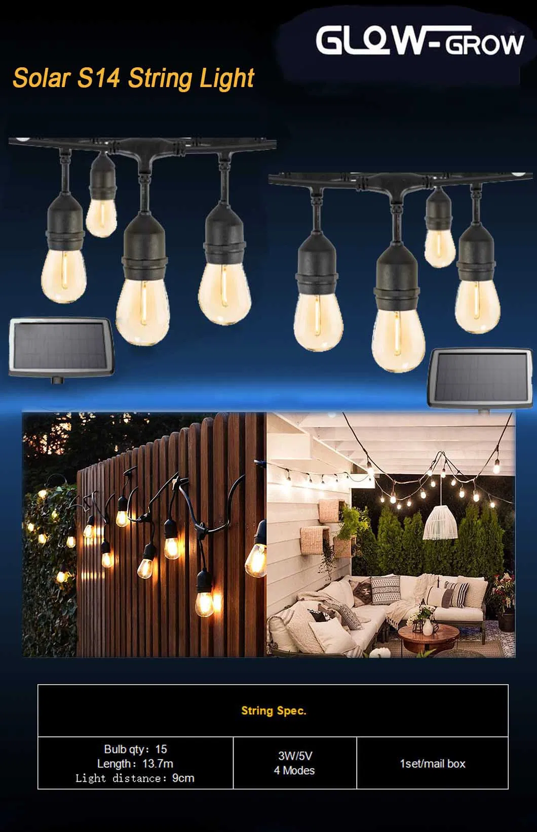 Luzes de Cordão LED Solar com Lâmpadas Edison Vintage para Decoração de Jardim e Casa ao Ar Livre