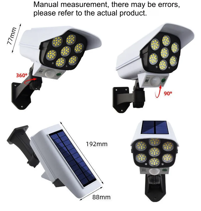 Novo IP65 À Prova D'Água 77 Câmera de Segurança Falsa com Sensor de LED Luz Solar de Movimento Lâmpada de Jardim Solar ao Ar Livre Holofote de Rua