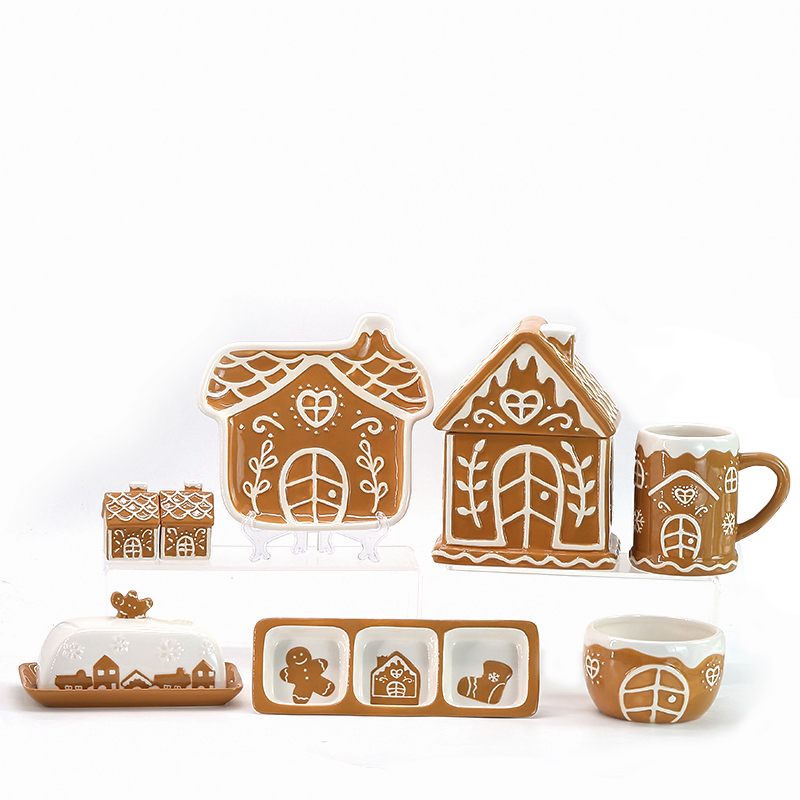 Conjunto de Louças de Natal Colorido Personalizado com Casa de Gengibre, Ornamentos de Papai Noel, Decoração e Produtos de Presente para Praça da Cidade