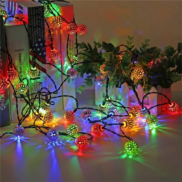 Luzes de Natal em forma de bola marroquina com LED, case de bateria, decoração romântica em ferro forjado