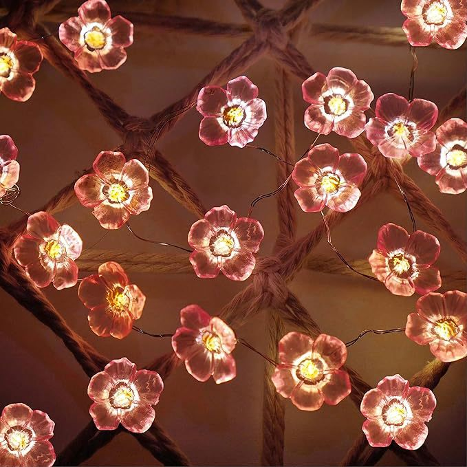Mais recente guirlanda de flores de cerejeira com luzes de fada LED com bateria, flores rosa cristal, para uso interno