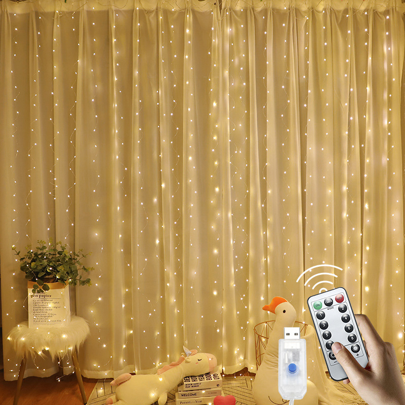 300LED Luzes de Fada com Cortina com 9.8X9.8FT Tom Quente Plug USB em 8 Modos para Casa