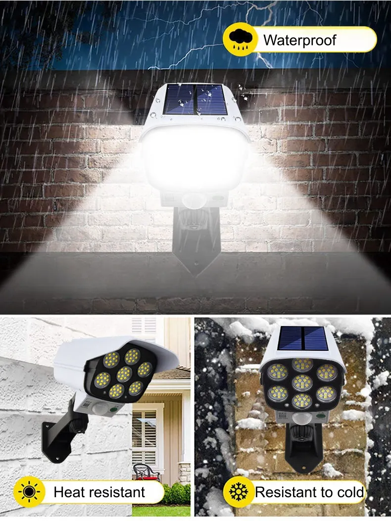Novo IP65 À Prova D'Água 77 Câmera de Segurança Falsa com Sensor de LED Luz Solar de Movimento Lâmpada de Jardim Solar ao Ar Livre Holofote de Rua