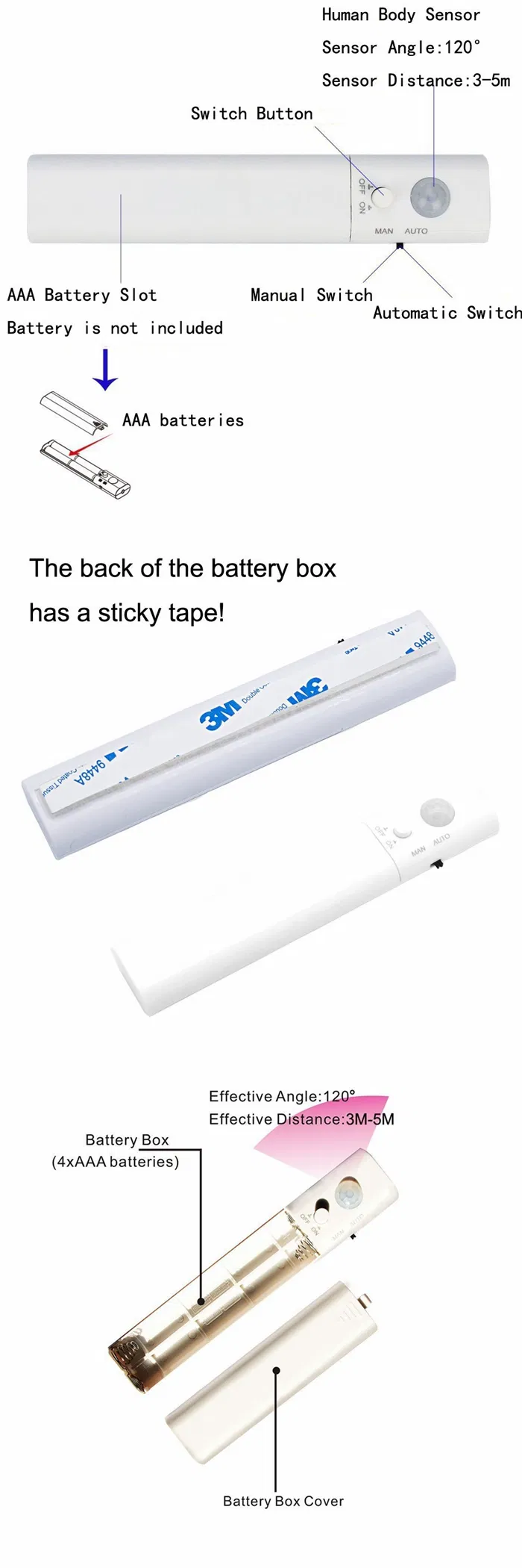 Fita de Luz com Sensor de Movimento PIR 4AA Alimentada por Bateria Ativada para Iluminação de Quarto