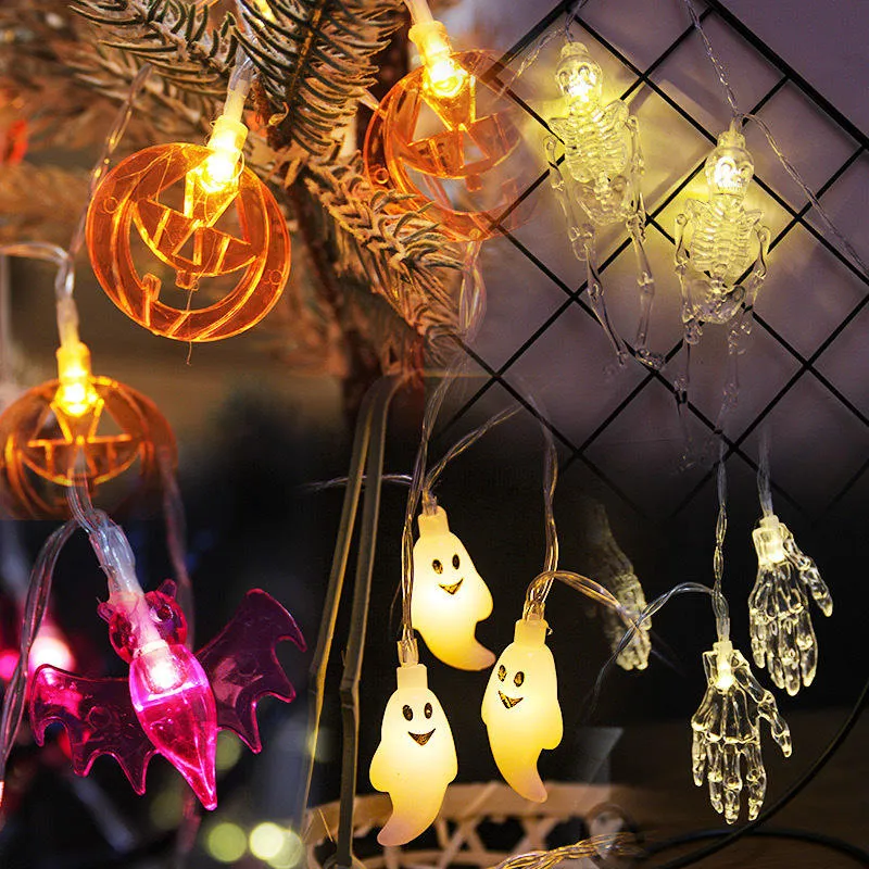 Luzes de Fada LED de Halloween em Corda Abóbora Fantasma Caveira Morcego Gato Múmia Branco Quente 3V 1-6m Decoração de Feriado Interna Externa