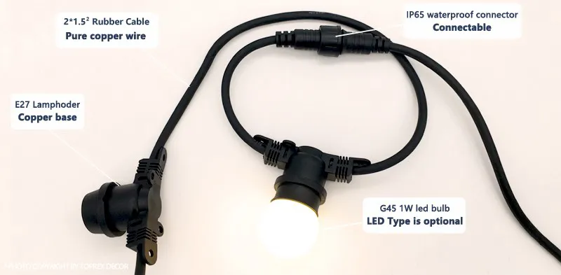 Detalhe das conexões das luzes de cordão externo