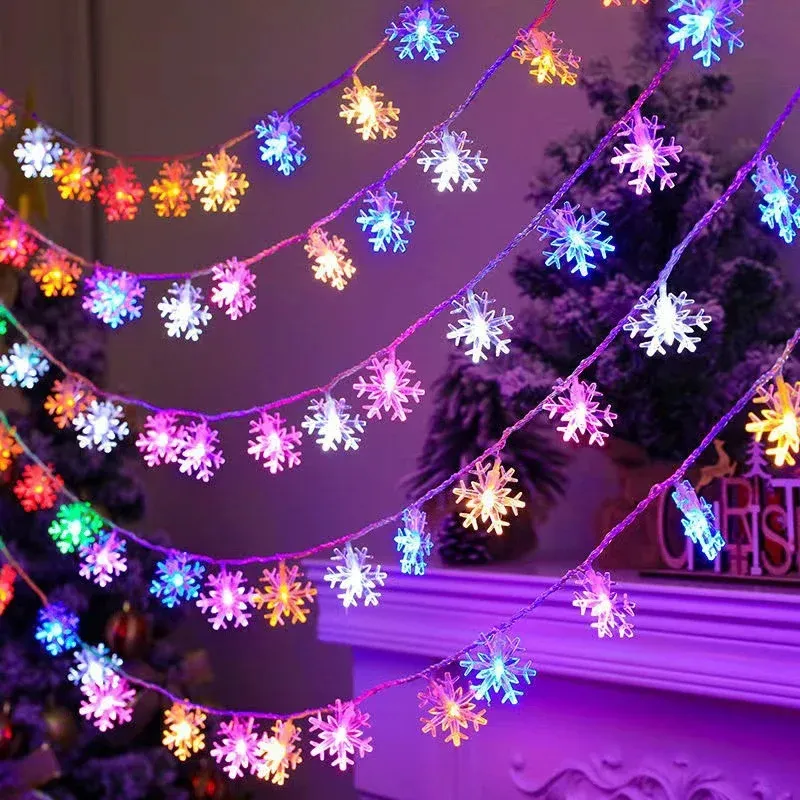 Cortina de Luzes de Natal com Guirlandas Internas, Fita de Luzes de Fada, Alimentada por Bateria, LED Branco Quente, Lâmpada de Floco de Neve