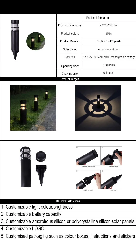 Iluminação de Caminho de Jardim ao Ar Livre, Lâmpada de Spot para Gramado, Luzes de Bollard LED Solar para Pátio, Caminho e Quintal
