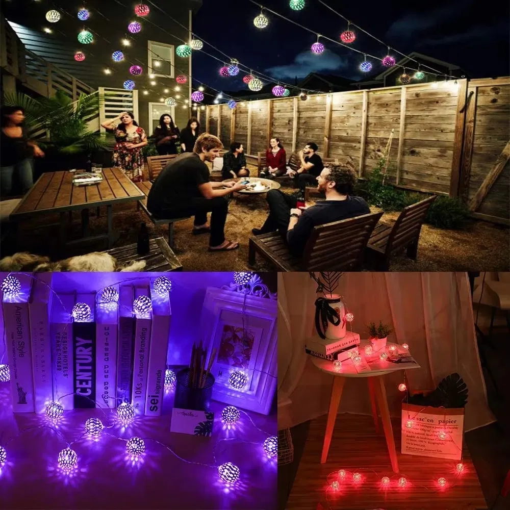 Luzes de Natal em forma de bola marroquina com LED, case de bateria, decoração romântica em ferro forjado