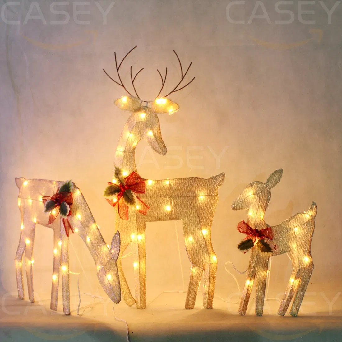 Conjunto de Família de Veados Grandes para Decoração de Natal ao Ar Livre com Luzes LED, Ornamentos de Férias Dourados Brilhantes, Decoração de Jardim para Casa, Gramado e Frente da Casa