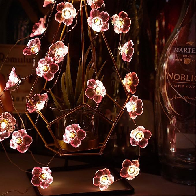 Mais recente guirlanda de flores de cerejeira com luzes de fada LED com bateria, flores rosa cristal, para uso interno