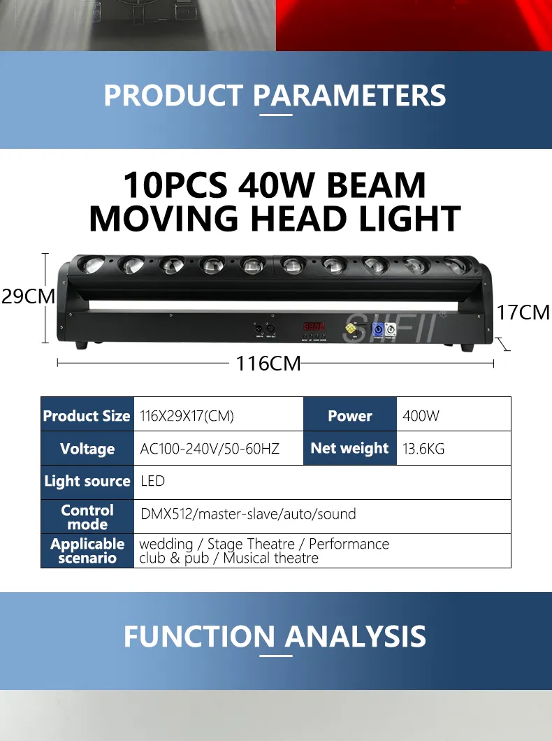 Iluminação Móvel LED Beam 10X40W RGBW para DJ de Ano Novo, Luzes de Disco de Natal, Projetor Musical