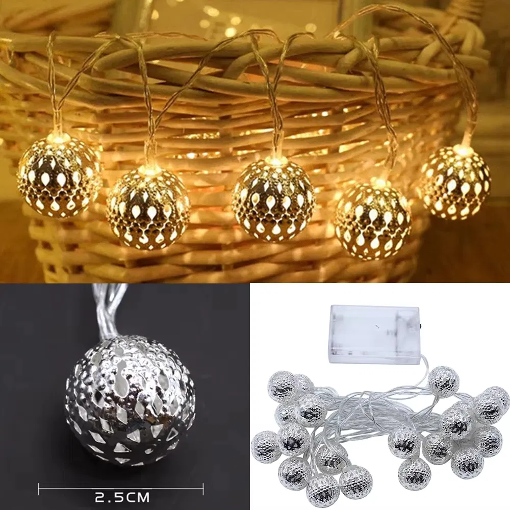 Luzes de Natal em forma de bola marroquina com LED, case de bateria, decoração romântica em ferro forjado