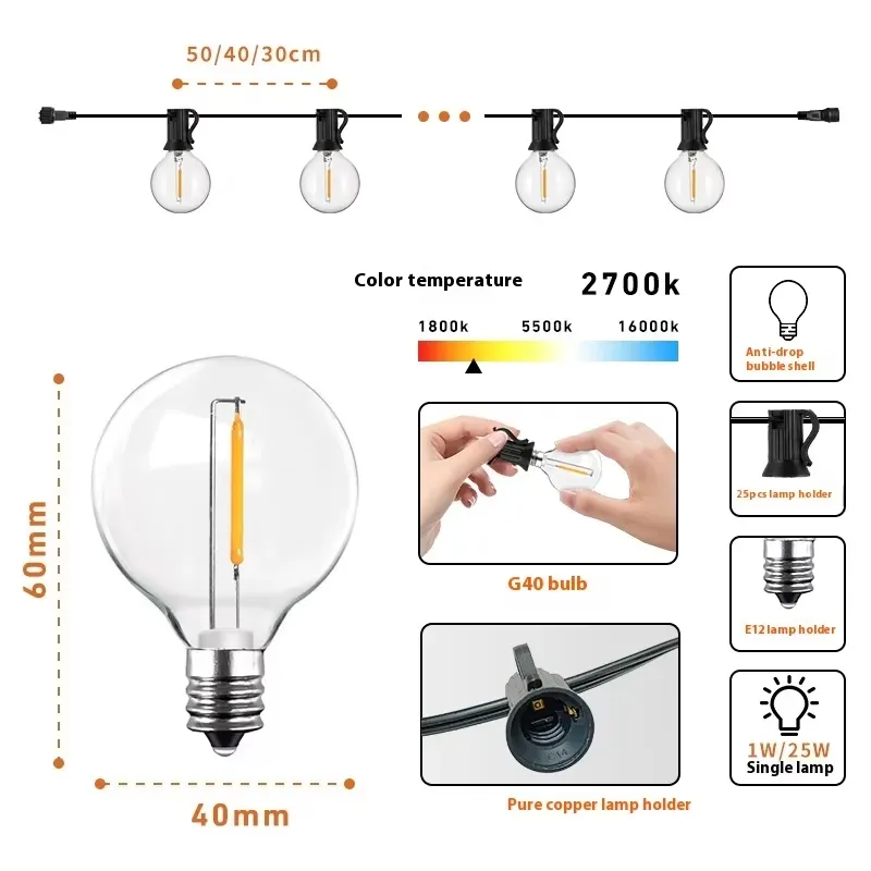 25 Luzes G40 Corda de Luzes Externa Bulbo Luz Decoração de Natal Luz de Corda Solar para Decoração de Jardim