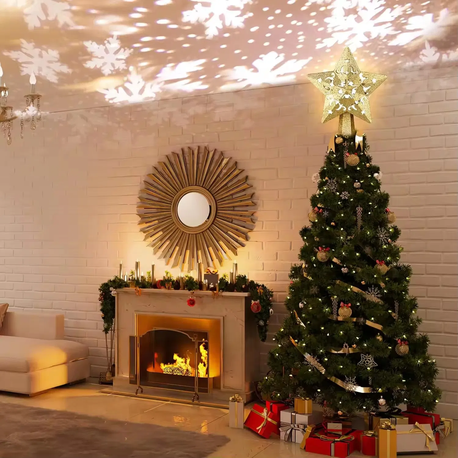 3D Estrela Prateada Oca para o Topo da Árvore de Natal 6 Luzes Projetoras LED de Floco de Neve Rotativas em Modos de Projeção