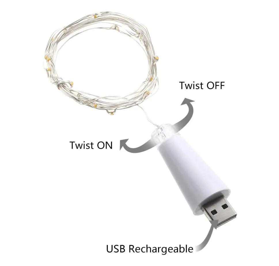 2m Luzes de Cordão 20PCS LED Branco Quente Festa Natal Decoração Casamento Alimentado por Baterias Carregamento USB Luz de Garrafa de Vinho