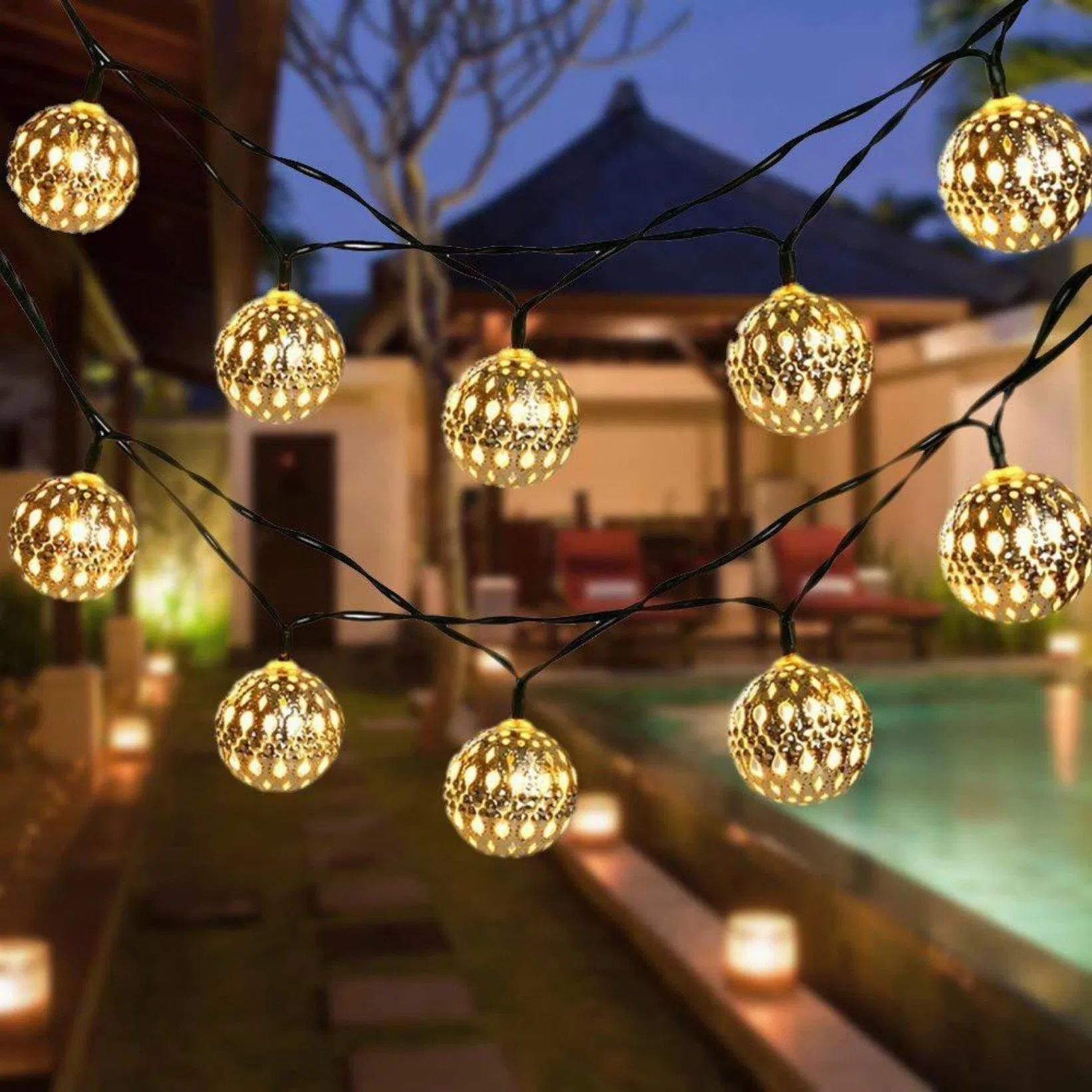 Luzes de Natal em forma de bola marroquina com LED, case de bateria, decoração romântica em ferro forjado