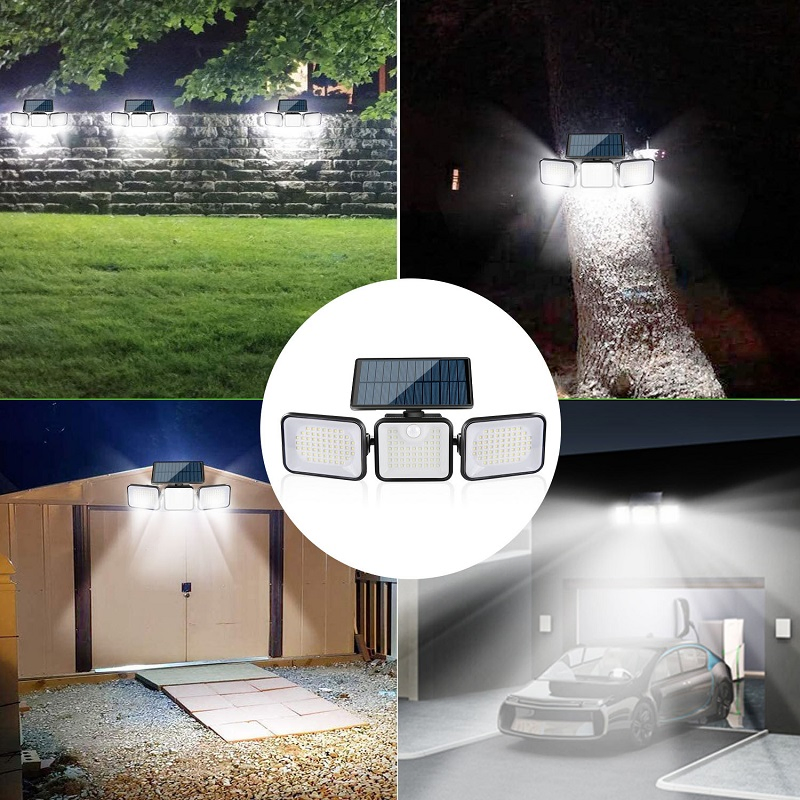 Luzes de Jardim Solares para Exterior de Alta Brilho IP65 À Prova d'Água 3 Cabeçotes com Ângulo Ajustável Sensor de Movimento Luz de Parede Solar LED