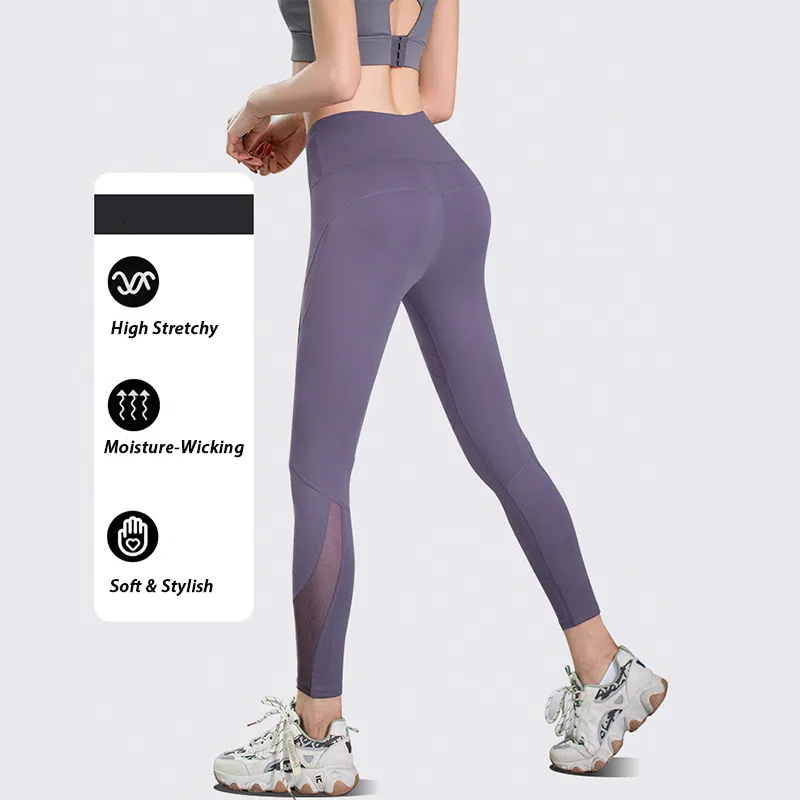 Mallas ajustadas moradas elásticas con inserciones de malla transparentes para entrenamiento, mallas de yoga para mujeres, personalización de logotipo de fábrica, pantalones de yoga que levantan el trasero, ropa deportiva de fitness