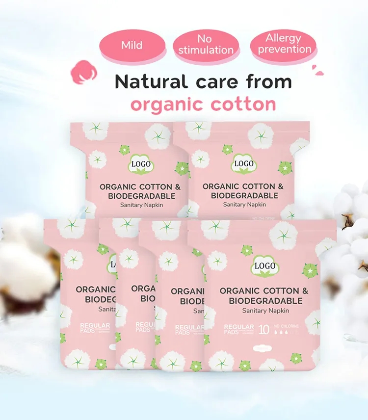 Toallas sanitarias desechables de algodón puro orgánico de alta absorbencia, biodegradables, suaves y no tejidas para mujeres