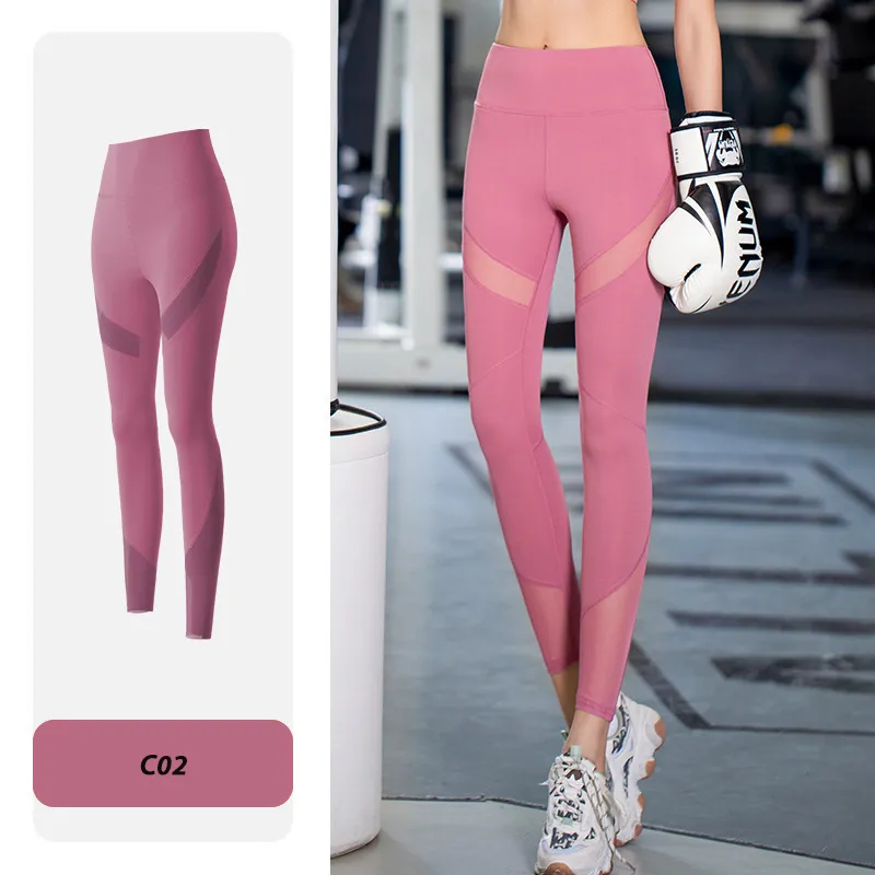 Mallas ajustadas moradas elásticas con inserciones de malla transparentes para entrenamiento, mallas de yoga para mujeres, personalización de logotipo de fábrica, pantalones de yoga que levantan el trasero, ropa deportiva de fitness